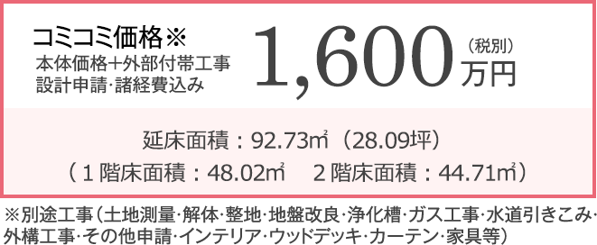 本体価格+外部付帯工事 設計申請・諸経費込み 1600万円(税別)