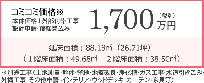 本体価格+外部付帯工事 設計申請・諸経費込み 1600万円(税別)